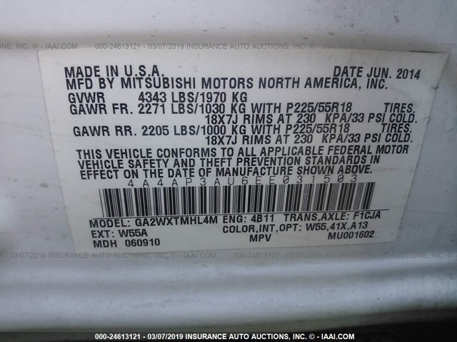 4A4AP3AU6EE031503 - 2014 MITSUBISHI OUTLANDER SPORT ES WHITE photo 9