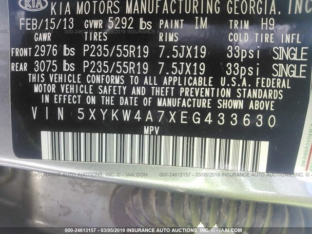 5XYKW4A7XEG433630 - 2014 KIA SORENTO SX/SX LIMITED SILVER photo 9