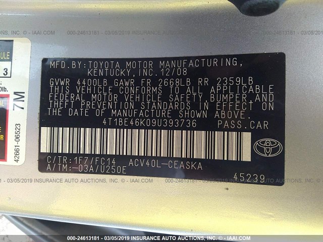 4T1BE46K09U393736 - 2009 TOYOTA CAMRY SE/LE/XLE 银色 照片 9