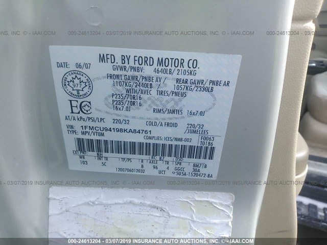 1FMCU94198KA84761 - 2008 FORD ESCAPE LIMITED CREAM photo 9