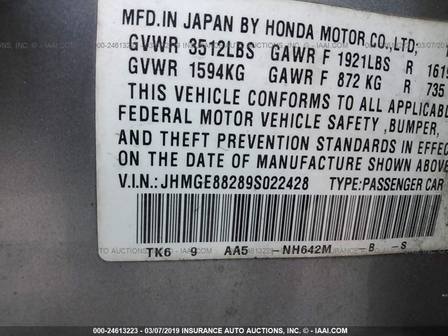 JHMGE88289S022428 - 2009 HONDA FIT SILVER photo 9