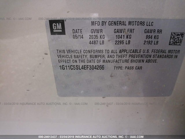 1G11C5SL4EF304266 - 2014 CHEVROLET MALIBU 1LT 金色 照片 9