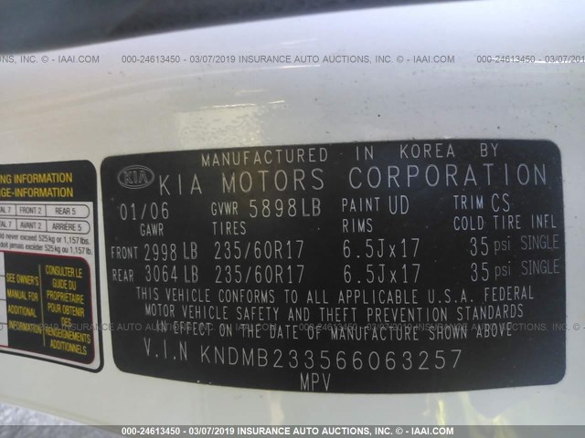 KNDMB233566063257 - 2006 KIA SEDONA EX/LX WHITE photo 9