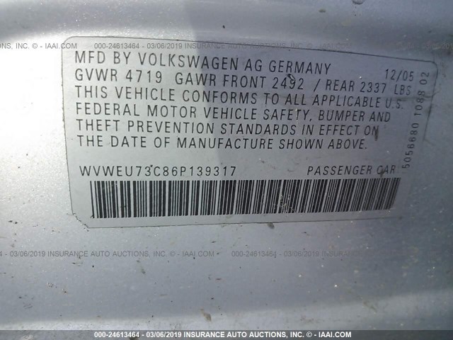 WVWEU73C86P139317 - 2006 VOLKSWAGEN PASSAT 3.6L LUXURY SILVER photo 9