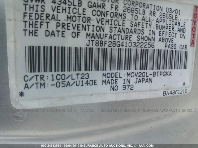 JT8BF28G410322256 - 2001 LEXUS ES 300 SILVER photo 9