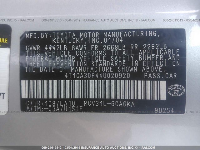 4T1CA30P44U020920 - 2004 TOYOTA CAMRY SOLARA SE/SLE ვერცხლისფერი ფოტო 9