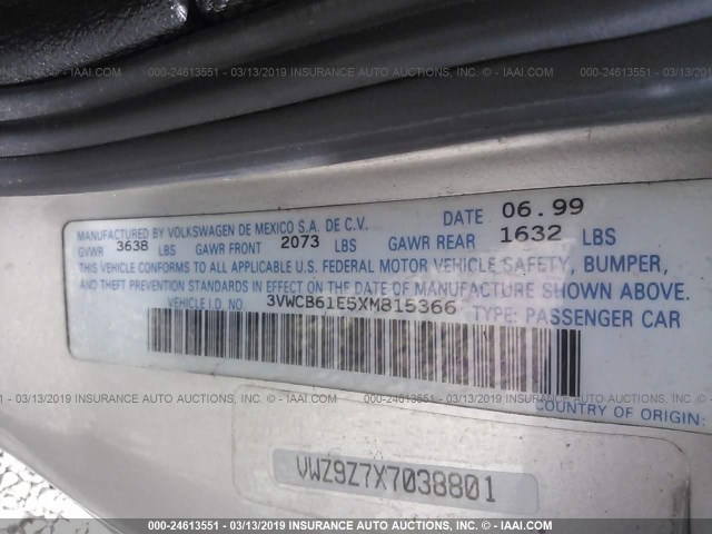 3VWCB61E5XM815366 - 1999 VOLKSWAGEN CABRIO GL SILVER photo 9