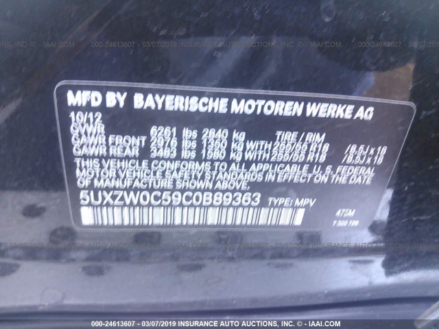 5UXZW0C59C0B89363 - 2012 BMW X5 XDRIVE35D BLACK photo 9