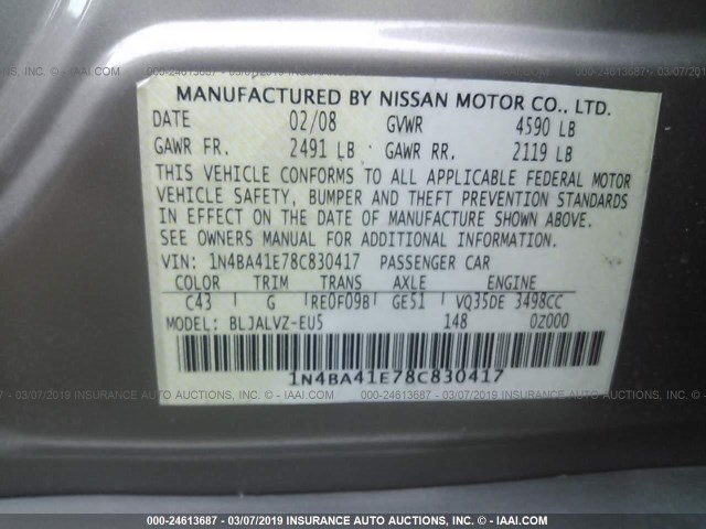 1N4BA41E78C830417 - 2008 NISSAN MAXIMA SE/SL BROWN photo 9