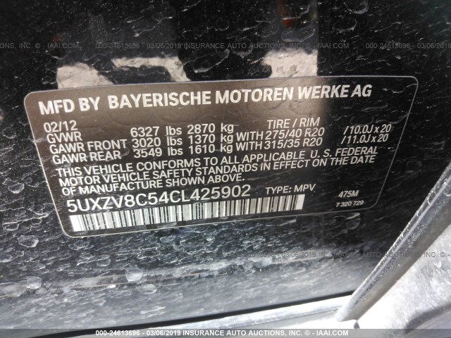 5UXZV8C54CL425902 - 2012 BMW X5 XDRIVE50I BLACK photo 9