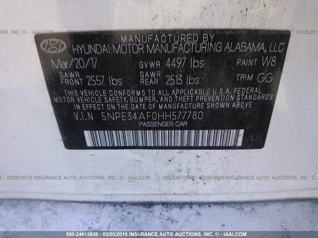 5NPE34AF0HH577780 - 2017 HYUNDAI SONATA SPORT/LIMITED WHITE photo 9