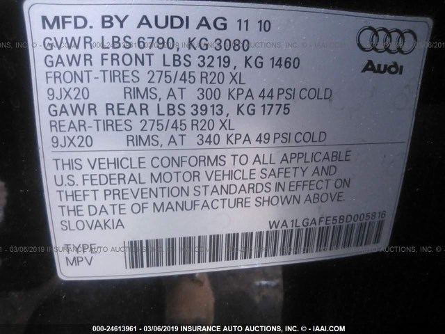 WA1LGAFE5BD005816 - 2011 AUDI Q7 PREMIUM PLUS BLACK photo 9