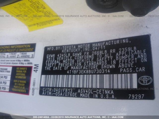 4T1BF3EK8BU730314 - 2011 TOYOTA CAMRY SE/LE/XLE WHITE photo 9