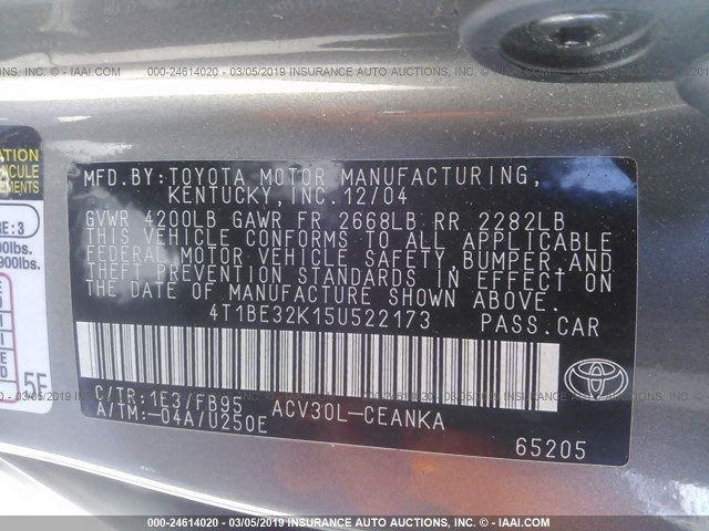 4T1BE32K15U522173 - 2005 TOYOTA CAMRY LE/XLE/SE GRAY photo 9