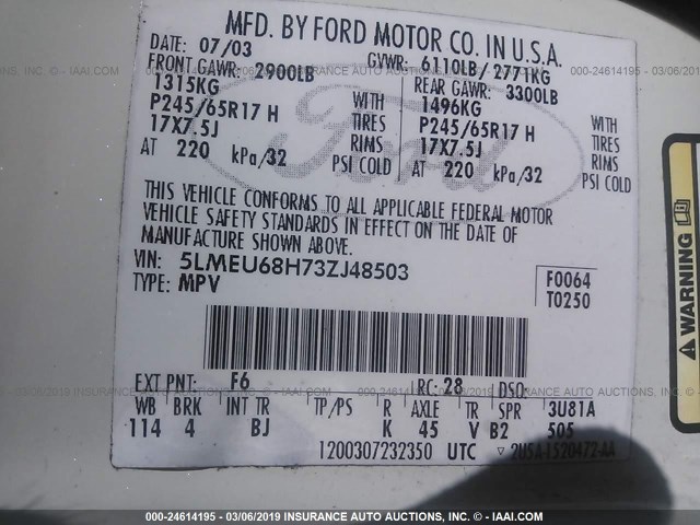 5LMEU68H73ZJ48503 - 2003 LINCOLN AVIATOR 白色 照片 9