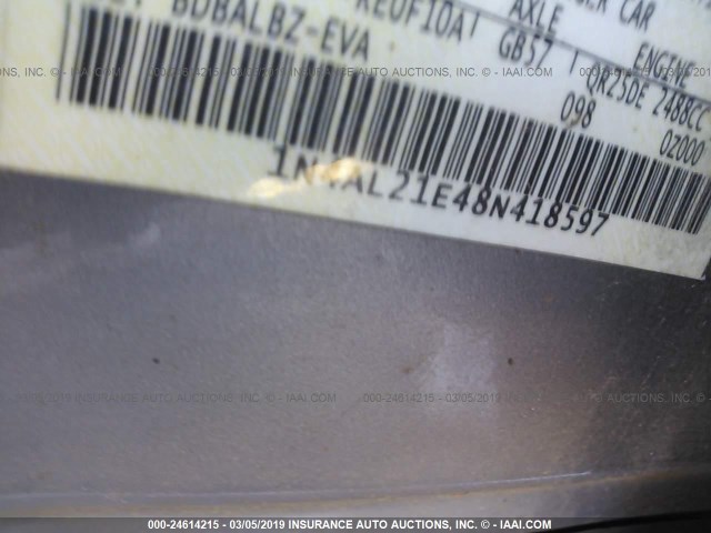 1N4AL21E48N418597 - 2008 NISSAN ALTIMA 2.5/2.5S GRAY photo 9