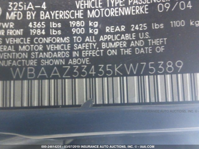 WBAAZ33435KW75389 - 2005 BMW 325 IS SULEV BLUE photo 9