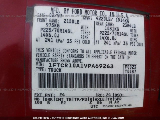 1FTCR10A1VPA69263 - 1997 FORD RANGER RED photo 9