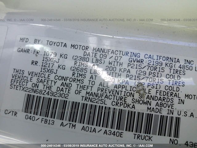 5TETX22N68Z492302 - 2008 TOYOTA TACOMA ACCESS CAB თეთრი ფოტო 9