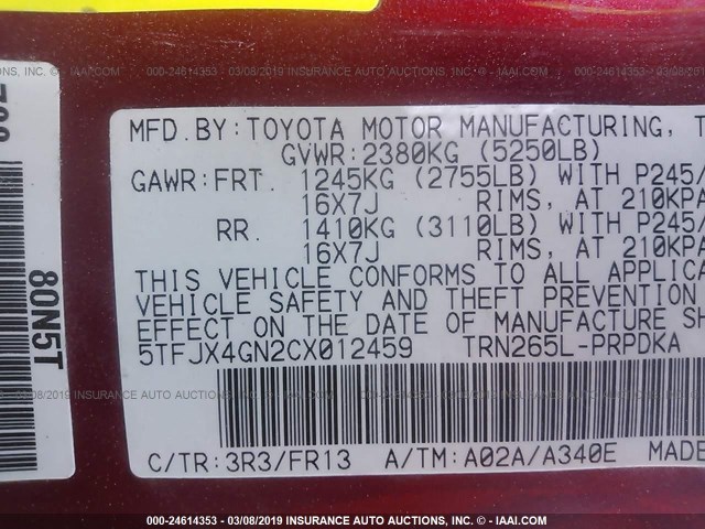 5TFJX4GN2CX012459 - 2012 TOYOTA TACOMA DOUBLE CAB 红色 照片 9