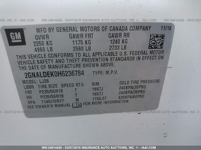 2GNALDEK0H6236784 - 2017 CHEVROLET EQUINOX PREMIER WHITE photo 9