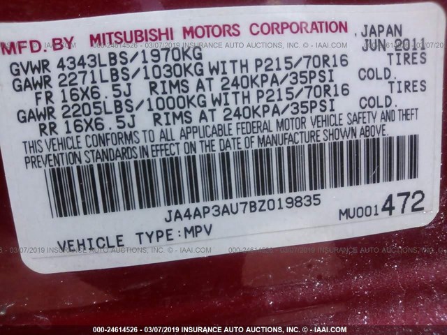 JA4AP3AU7BZ019835 - 2011 MITSUBISHI OUTLANDER SPORT ES RED photo 9