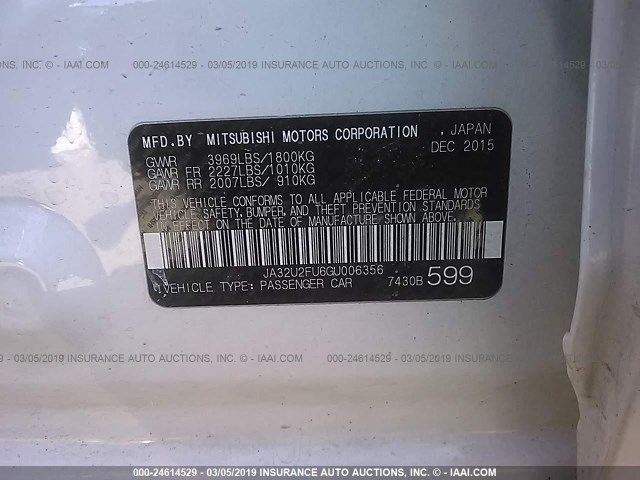 JA32U2FU6GU006356 - 2016 MITSUBISHI LANCER ES WHITE photo 9