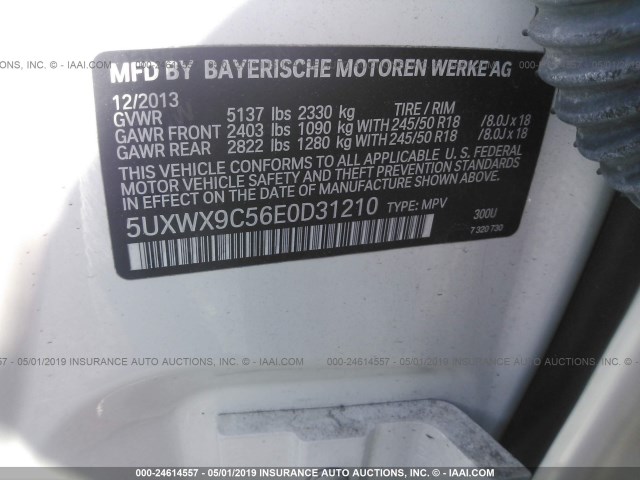 5UXWX9C56E0D31210 - 2014 BMW X3 XDRIVE28I WHITE photo 9