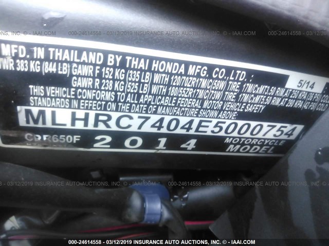 MLHRC7404E5000754 - 2014 HONDA CBR650 F RED photo 10