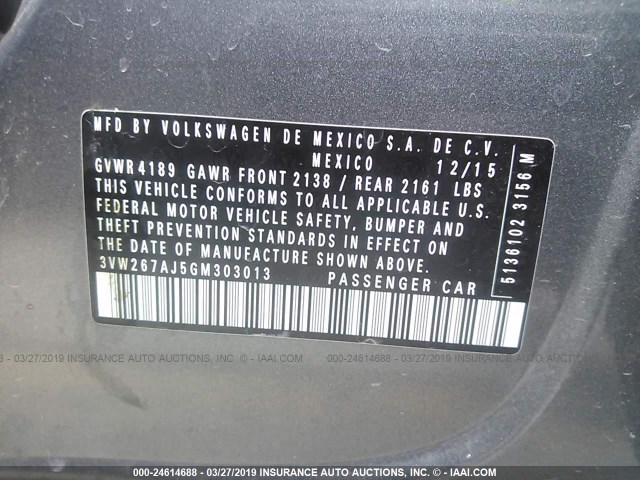 3VW267AJ5GM303013 - 2016 VOLKSWAGEN JETTA GRAY photo 9