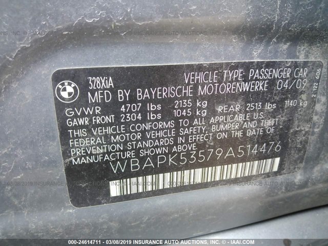 WBAPK53579A514476 - 2009 BMW 328 XI SULEV GRAY photo 9