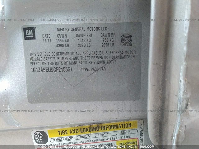 1G1ZA5EU9CF216551 - 2012 CHEVROLET MALIBU LS SILVER photo 9