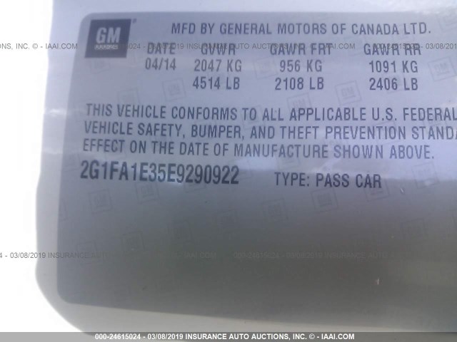 2G1FA1E35E9290922 - 2014 CHEVROLET CAMARO LS WHITE photo 9