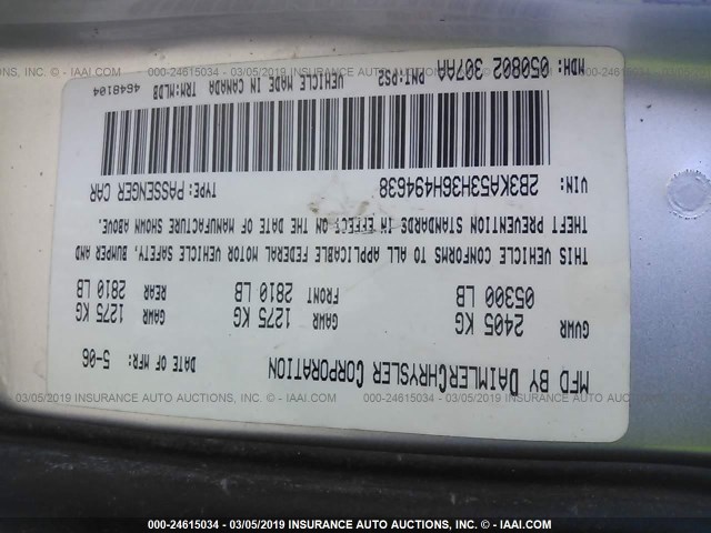 2B3KA53H36H494638 - 2006 DODGE CHARGER R/T SILVER photo 9