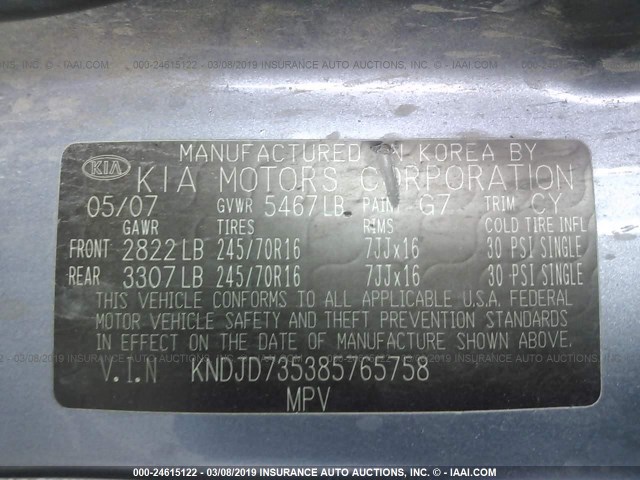 KNDJD735385765758 - 2008 KIA SORENTO EX/LX GRAY photo 9