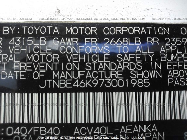 JTNBE46K973001985 - 2007 TOYOTA CAMRY NEW GENERAT CE/LE/XLE/SE WHITE photo 9