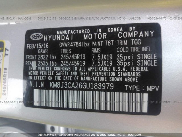 KM8J3CA26GU183979 - 2016 HYUNDAI TUCSON LIMITED/SPORT AND ECO/SE SILVER photo 9