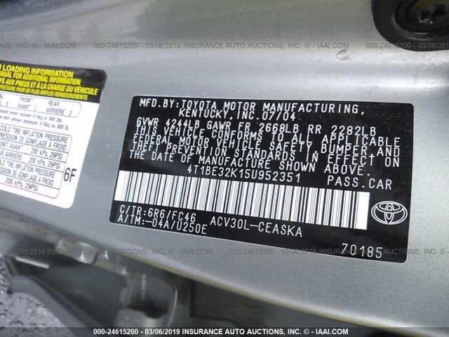 4T1BE32K15U952351 - 2005 TOYOTA CAMRY LE/XLE/SE SILVER photo 9