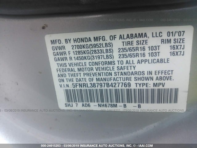 5FNRL38797B427769 - 2007 HONDA ODYSSEY EXL SILVER photo 9