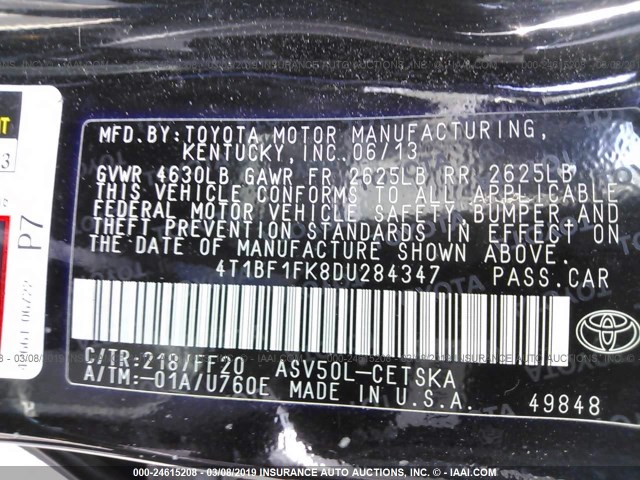 4T1BF1FK8DU284347 - 2013 TOYOTA CAMRY L/SE/LE/XLE BLACK photo 9