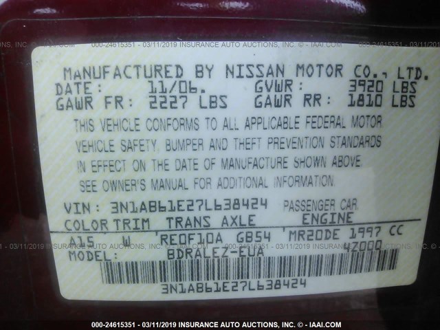 3N1AB61E27L638424 - 2007 NISSAN SENTRA 2.0/2.0S/2.0SL RED photo 9