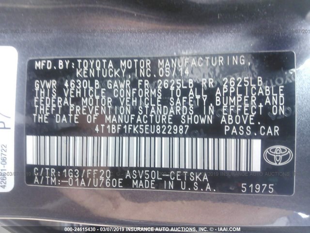 4T1BF1FK5EU822987 - 2014 TOYOTA CAMRY L/SE/LE/XLE 灰色 照片 9