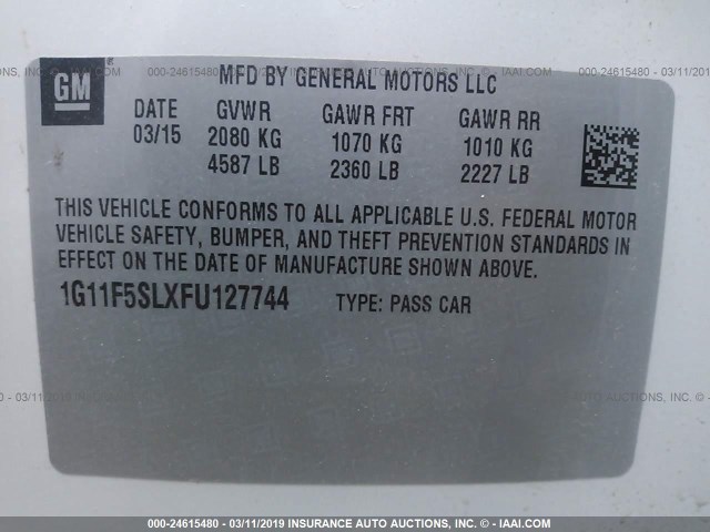 1G11F5SLXFU127744 - 2015 CHEVROLET MALIBU LTZ WHITE photo 9