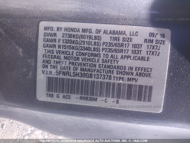 5FNRL5H30GB137378 - 2016 HONDA ODYSSEY SE GRAY photo 9