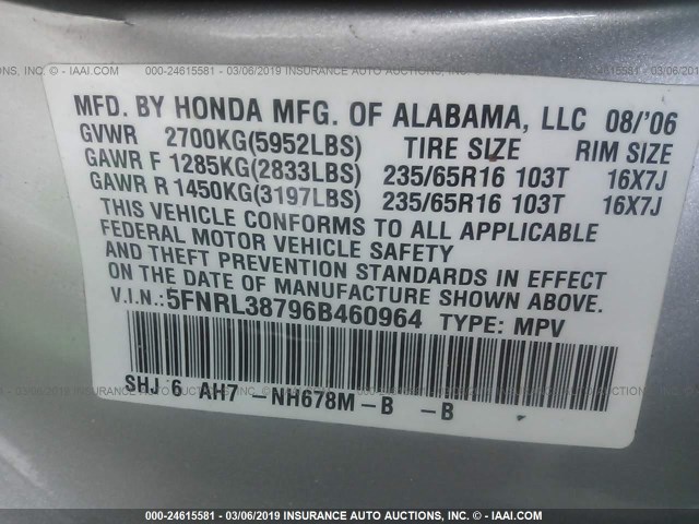 5FNRL38796B460964 - 2006 HONDA ODYSSEY EXL SILVER photo 9