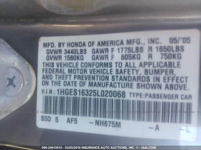 1HGES16325L020068 - 2005 HONDA CIVIC DX VP GRAY photo 9