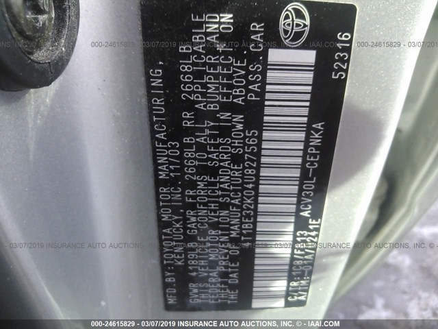 4T1BE32K04U827565 - 2004 TOYOTA CAMRY LE/XLE/SE SILVER photo 9