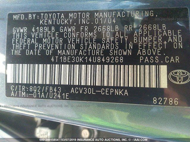 4T1BE30K14U849268 - 2004 TOYOTA CAMRY LE/XLE/SE Light Blue photo 9