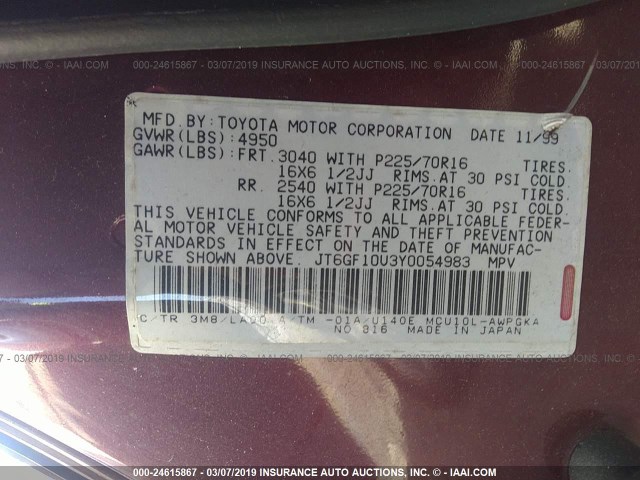 JT6GF10U3Y0054983 - 2000 LEXUS RX 300 RED photo 9