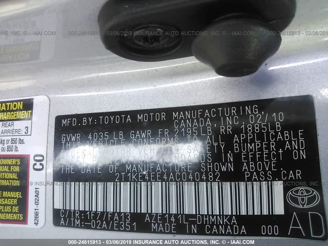 2T1KE4EE4AC040482 - 2010 TOYOTA COROLLA MATRIX S SILVER photo 9